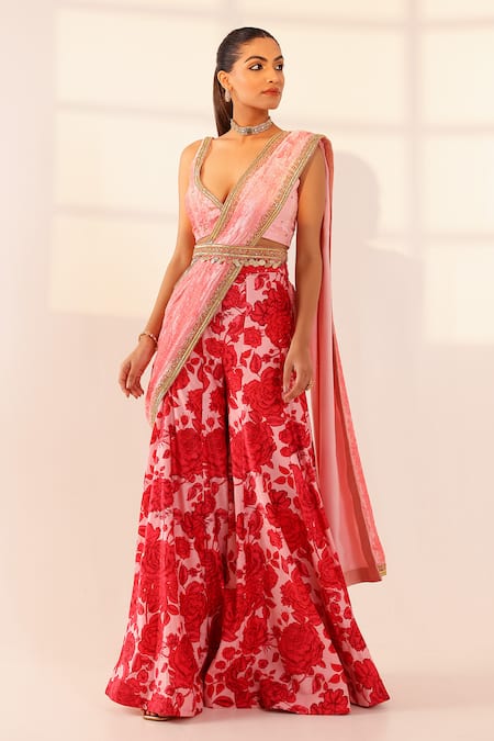 Buy_Sanam_Pink Velvet Embroidery, Zari, Beads Open Neck Floral Print Sharara Saree Set 
