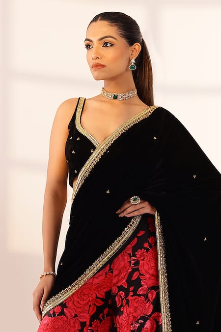 Sanam_Black Velvet Embroidery, Sequins, Beads Rose Print Pre-draped Sharara Saree Set _Online_at_Aza_Fashions