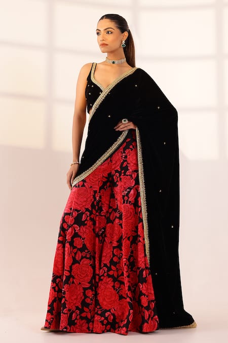 Buy_Sanam_Black Velvet Embroidery, Sequins, Beads Rose Print Pre-draped Sharara Saree Set _Online_at_Aza_Fashions
