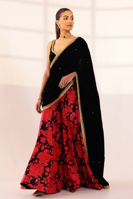 Shop_Sanam_Black Velvet Embroidery, Sequins, Beads Rose Print Pre-draped Sharara Saree Set _Online_at_Aza_Fashions