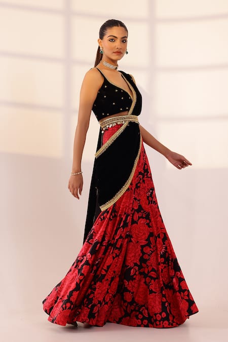 Sanam_Black Velvet Embroidery, Sequins, Beads Rose Print Pre-draped Sharara Saree Set _at_Aza_Fashions