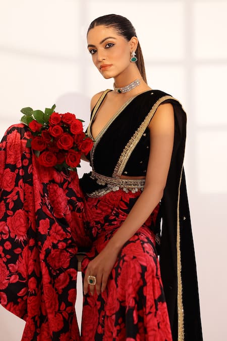 Buy_Sanam_Black Velvet Embroidery, Sequins, Beads Rose Print Pre-draped Sharara Saree Set 