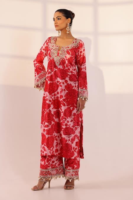 Sanam_Red Velvet Stones, Pearls, Sequins Split V-neck Floral Embellished Kurta Set _Online_at_Aza_Fashions