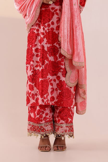 Shop_Sanam_Red Velvet Stones, Pearls, Sequins Split V-neck Floral Embellished Kurta Set _Online_at_Aza_Fashions