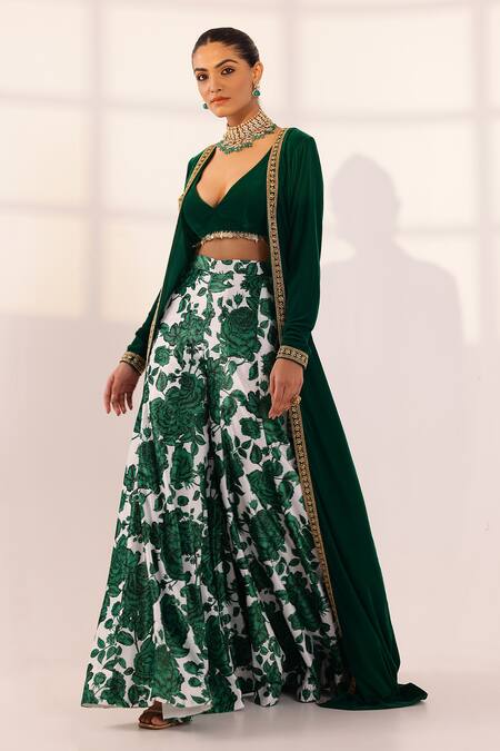 Sanam_Green Velvet Pearls Plunge Neck Embellished Cape Sharara Set _Online_at_Aza_Fashions