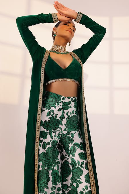 Shop_Sanam_Green Velvet Pearls Plunge Neck Embellished Cape Sharara Set _Online_at_Aza_Fashions
