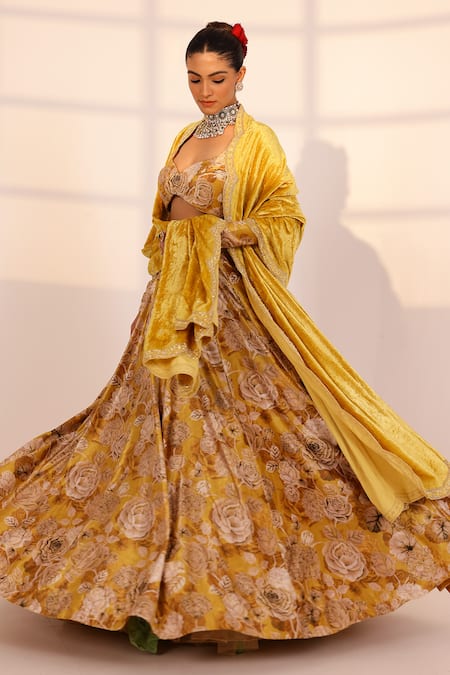 Buy_Sanam_Gold Velvet Pearls, Sequins Sweetheart Neck Garden Printed Lehenga Set _Online_at_Aza_Fashions