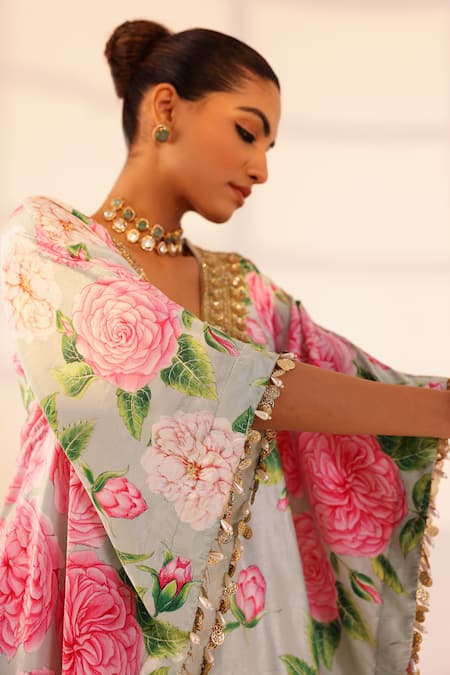 Buy Sanam Green Velvet Pearls, Stones, Zari Plunge Neck Rose Print Kaftan Online at Aza Fashions Buy_Sanam_Green Velvet Pearls, Stones, Zari Plunge Neck Rose Print Kaftan _Online_at_Aza_Fashions