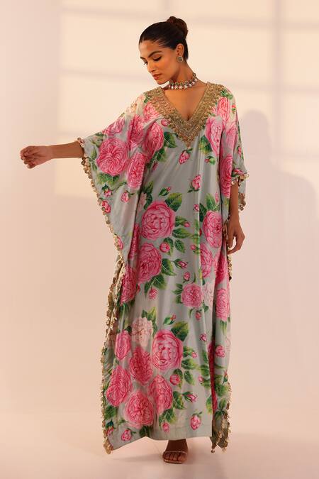Shop Sanam Green Velvet Pearls, Stones, Zari Plunge Neck Rose Print Kaftan Online at Aza Fashions Shop_Sanam_Green Velvet Pearls, Stones, Zari Plunge Neck Rose Print Kaftan _Online_at_Aza_Fashions