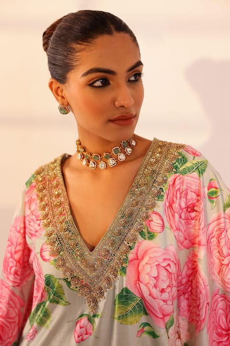 Sanam Green Velvet Pearls, Stones, Zari Plunge Neck Rose Print Kaftan at Aza Fashions Sanam_Green Velvet Pearls, Stones, Zari Plunge Neck Rose Print Kaftan _at_Aza_Fashions
