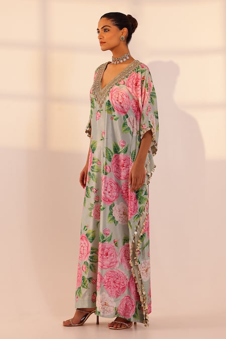 Buy Sanam Green Velvet Pearls, Stones, Zari Plunge Neck Rose Print Kaftan Buy_Sanam_Green Velvet Pearls, Stones, Zari Plunge Neck Rose Print Kaftan