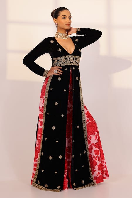 Buy Sanam Black Velvet Pearls, Zari, Gota Patti, Floral Zardozi Kurta And Sharara Set Online at Aza Fashions Buy_Sanam_Black Velvet Pearls, Zari, Gota Patti, Floral Zardozi Kurta And Sharara Set _Online_at_Aza_Fashions
