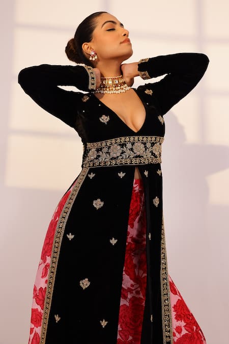 Shop Sanam Black Velvet Pearls, Zari, Gota Patti, Floral Zardozi Kurta And Sharara Set Online at Aza Fashions Shop_Sanam_Black Velvet Pearls, Zari, Gota Patti, Floral Zardozi Kurta And Sharara Set _Online_at_Aza_Fashions