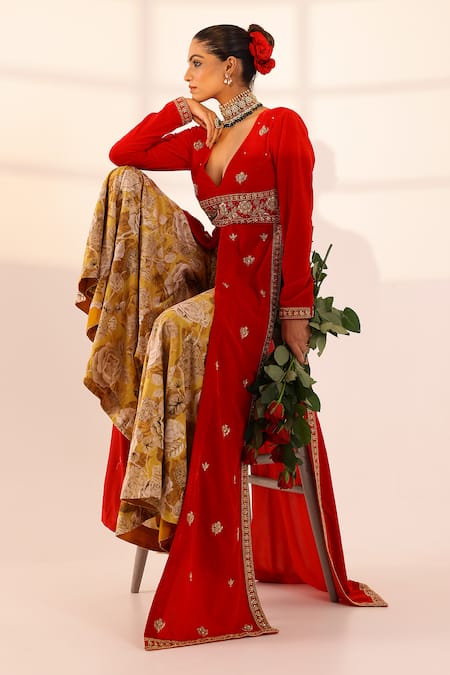 Sanam Red Velvet Pearls, Gota Patti, Zari Floral Embroidered Kurta And Sharara Set Online at Aza Fashions Sanam_Red Velvet Pearls, Gota Patti, Zari Floral Embroidered Kurta And Sharara Set _Online_at_Aza_Fashions