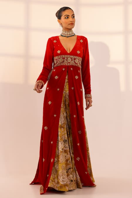 Buy Sanam Red Velvet Pearls, Gota Patti, Zari Floral Embroidered Kurta And Sharara Set Online at Aza Fashions Buy_Sanam_Red Velvet Pearls, Gota Patti, Zari Floral Embroidered Kurta And Sharara Set _Online_at_Aza_Fashions