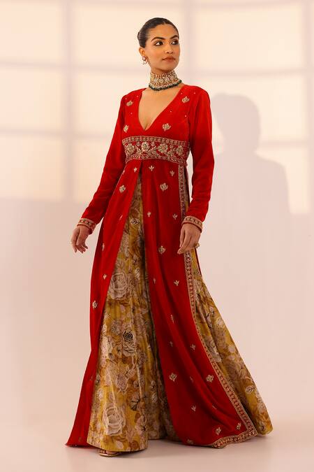 Shop Sanam Red Velvet Pearls, Gota Patti, Zari Floral Embroidered Kurta And Sharara Set Online at Aza Fashions Shop_Sanam_Red Velvet Pearls, Gota Patti, Zari Floral Embroidered Kurta And Sharara Set _Online_at_Aza_Fashions