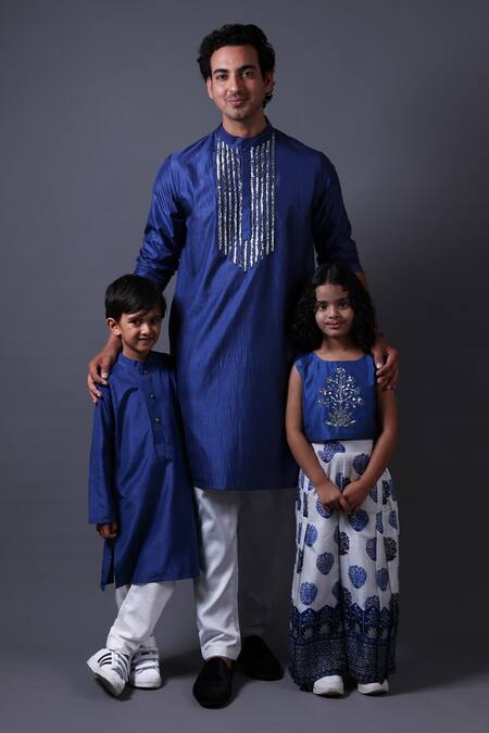 Shop_Thetaa_Blue Cotton, Viscose, Satin Royal Solid Kurta Set _at_Aza_Fashions