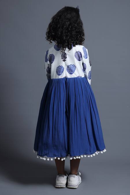 Thetaa_Blue Viscose, Silk, Cotton Pom-poms, Embroidery Floral Butti Print Yoke Dress _Online_at_Aza_Fashions