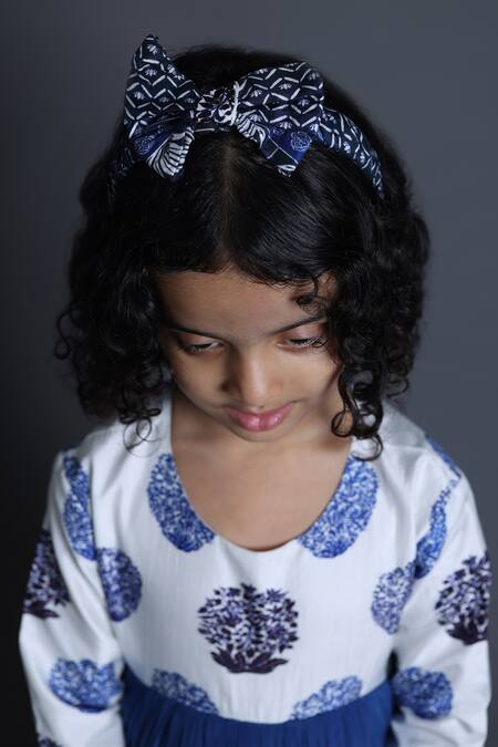 Buy_Thetaa_Blue Viscose, Silk, Cotton Pom-poms, Embroidery Floral Butti Print Yoke Dress _Online_at_Aza_Fashions