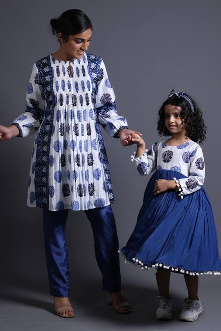 Shop_Thetaa_Blue Viscose, Silk, Cotton Pom-poms, Embroidery Floral Butti Print Yoke Dress _Online_at_Aza_Fashions