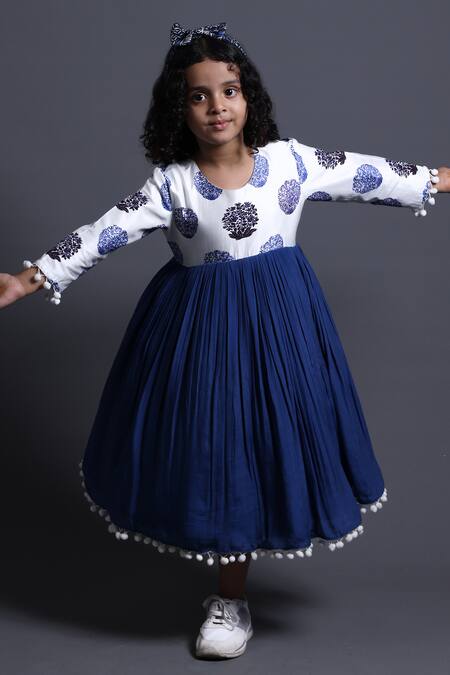 Thetaa_Blue Viscose, Silk, Cotton Pom-poms, Embroidery Floral Butti Print Yoke Dress _at_Aza_Fashions