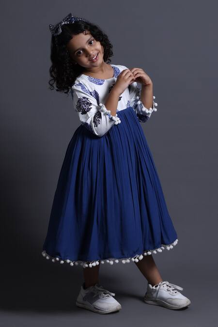Buy_Thetaa_Blue Viscose, Silk, Cotton Pom-poms, Embroidery Floral Butti Print Yoke Dress 