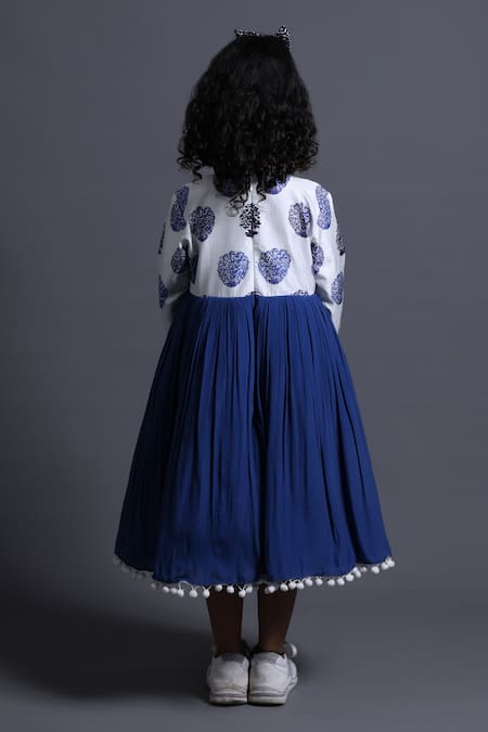Shop_Thetaa_Blue Viscose, Silk, Cotton Pom-poms, Embroidery Floral Butti Print Yoke Dress _at_Aza_Fashions