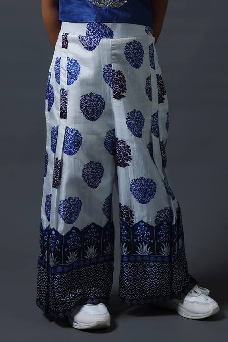 Thetaa_Blue Silk Mirrors, Embroidery Mukaish Crop Top And Pant Set _Online_at_Aza_Fashions