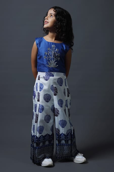 Shop_Thetaa_Blue Silk Mirrors, Embroidery Mukaish Crop Top And Pant Set _at_Aza_Fashions
