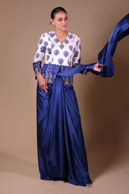 Shop_Thetaa_White Silk, Satin Embroidery Floral Butti Pre-draped Saree Set _at_Aza_Fashions