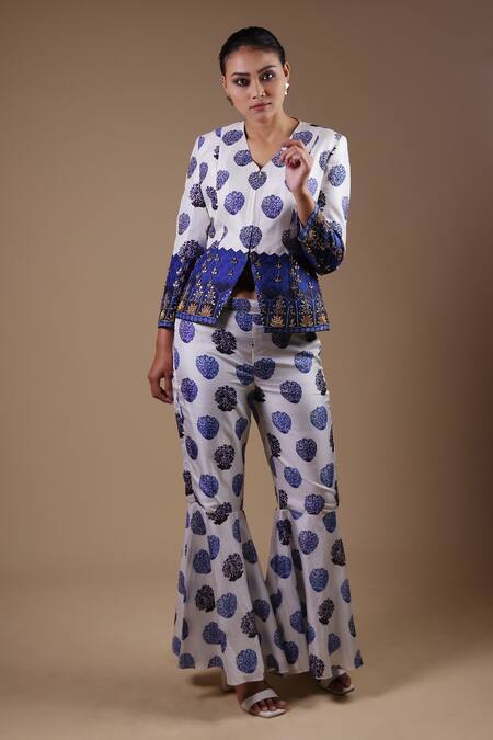 Buy_Thetaa_White Silk Embroidery Floral Butti Print Coat And Flared Pant _Online_at_Aza_Fashions
