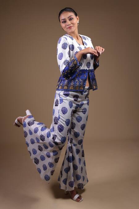 Shop_Thetaa_White Silk Embroidery Floral Butti Print Coat And Flared Pant _Online_at_Aza_Fashions