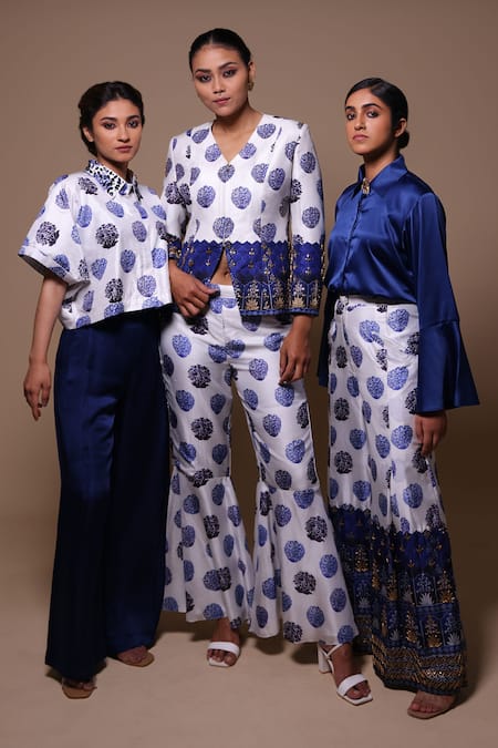 Thetaa_White Silk Embroidery Floral Butti Print Coat And Flared Pant _at_Aza_Fashions