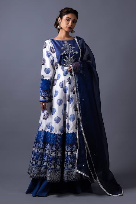 Thetaa_White Viscose, Organza, Embroidery Floral Butti Anarkali And Sharara Set _at_Aza_Fashions