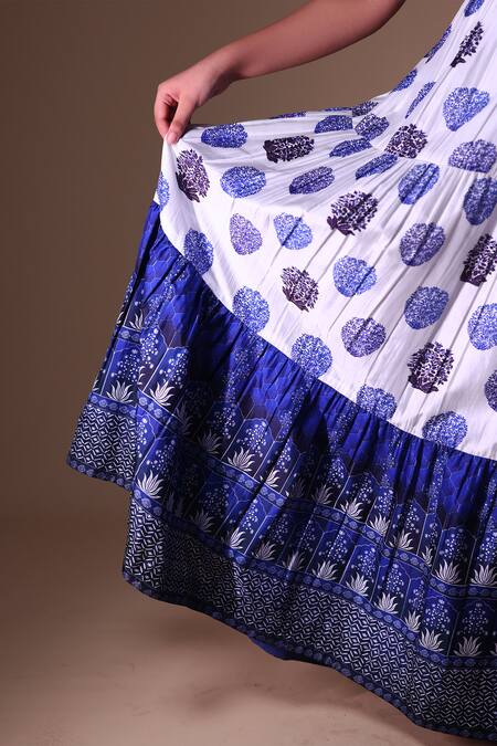 Thetaa_White Silk, Cotton Embroidery Halter Neck Floral Butti Printed Maxi Dress _Online_at_Aza_Fashions