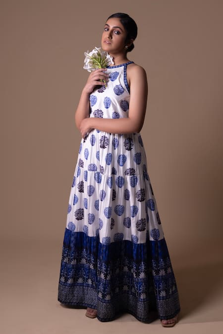 Buy_Thetaa_White Silk, Cotton Embroidery Halter Neck Floral Butti Printed Maxi Dress _Online_at_Aza_Fashions