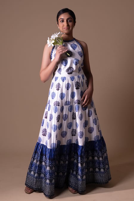 Shop_Thetaa_White Silk, Cotton Embroidery Halter Neck Floral Butti Printed Maxi Dress _Online_at_Aza_Fashions