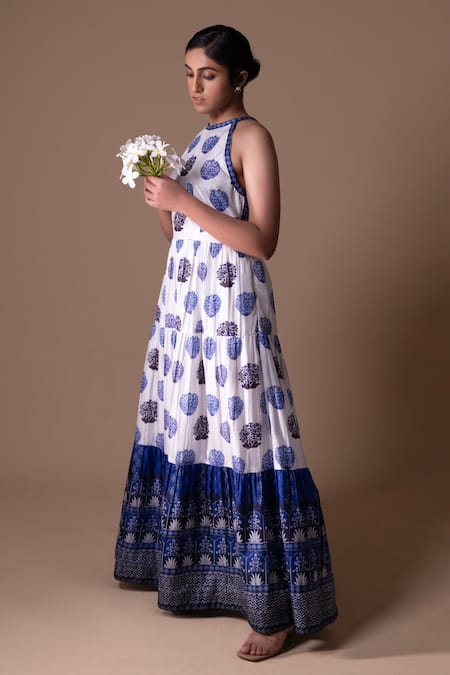 Shop_Thetaa_White Silk, Cotton Embroidery Halter Neck Floral Butti Printed Maxi Dress _at_Aza_Fashions