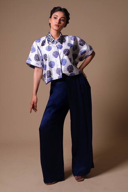 Thetaa_White Viscose, Silk Embroidery Collared Floral Butti Print Boxy Shirt And Pant Set _Online_at_Aza_Fashions