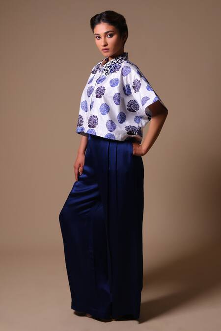 Buy_Thetaa_White Viscose, Silk Embroidery Collared Floral Butti Print Boxy Shirt And Pant Set _Online_at_Aza_Fashions