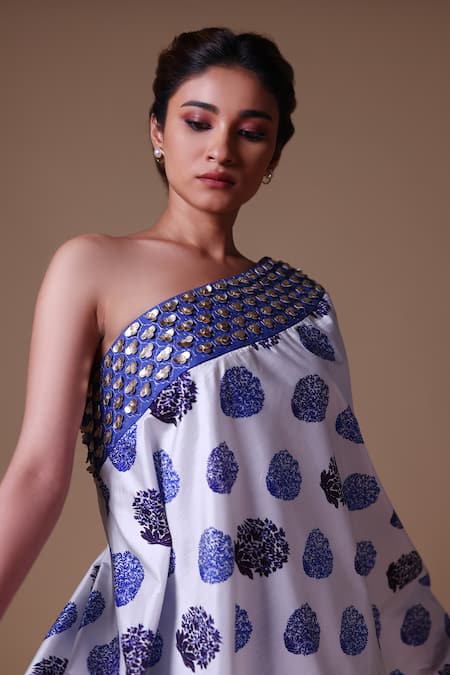 Thetaa_White Chanderi , Embroidery Floral Butta Print Tunic And Palazzo Set_Online_at_Aza_Fashions