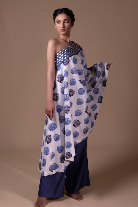 Shop_Thetaa_White Chanderi , Embroidery Floral Butta Print Tunic And Palazzo Set_Online_at_Aza_Fashions