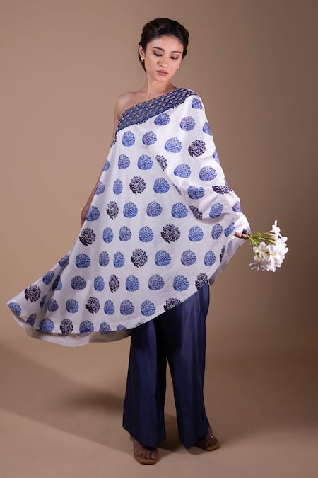 Thetaa_White Chanderi , Embroidery Floral Butta Print Tunic And Palazzo Set_at_Aza_Fashions