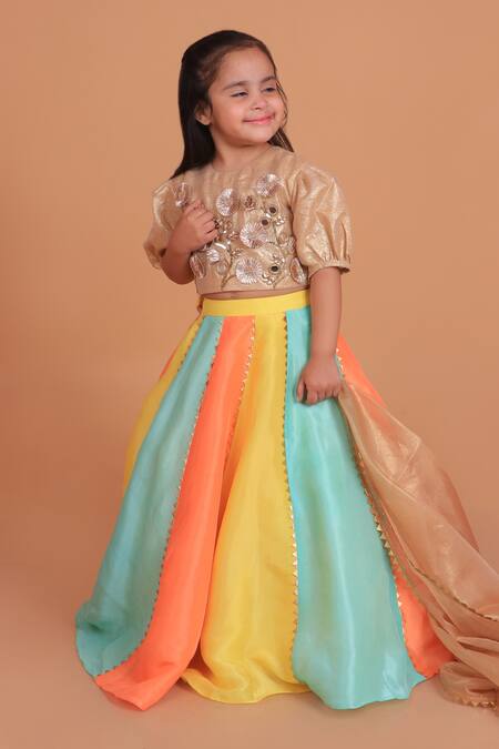 Turqidz By Shweta Aggarwal_Gold , Cotton, Organza, Chiffon Beads, Floral Applique Lehenga Set _Online_at_Aza_Fashions