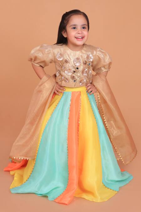 Buy_Turqidz By Shweta Aggarwal_Gold , Cotton, Organza, Chiffon Beads, Floral Applique Lehenga Set _Online_at_Aza_Fashions