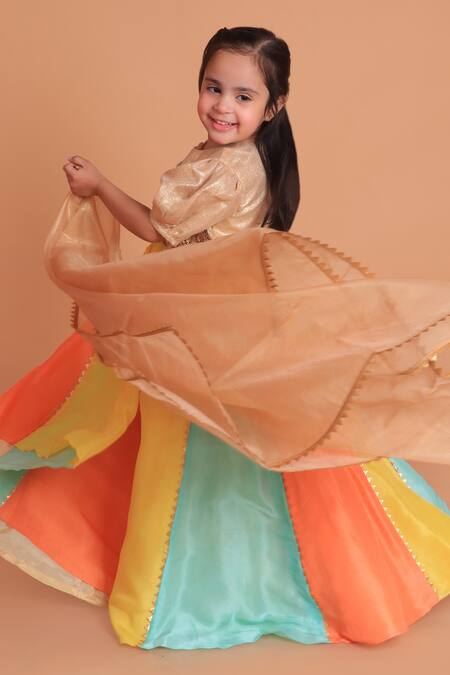 Shop_Turqidz By Shweta Aggarwal_Gold , Cotton, Organza, Chiffon Beads, Floral Applique Lehenga Set _Online_at_Aza_Fashions