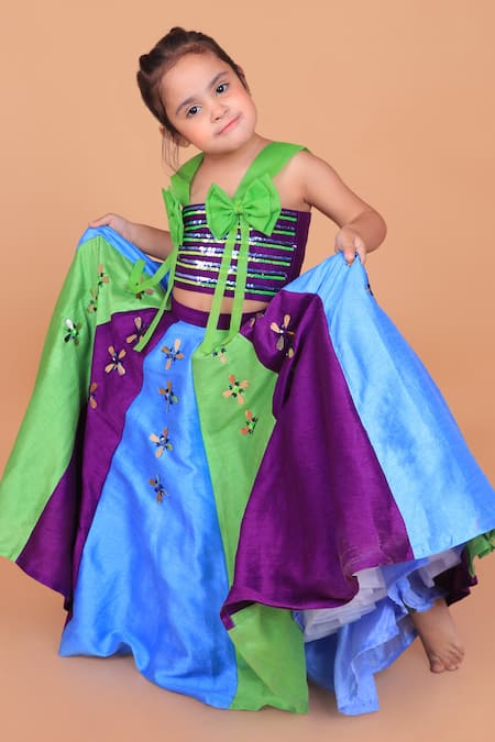 Turqidz By Shweta Aggarwal_Multi Color Denim, Cotton, Silk Sequins, Bows, Mirrors Embroidered Lehenga Set _Online_at_Aza_Fashions