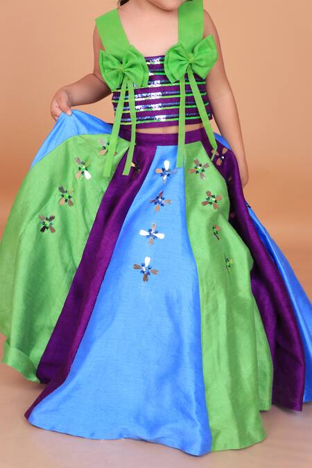 Buy_Turqidz By Shweta Aggarwal_Multi Color Denim, Cotton, Silk Sequins, Bows, Mirrors Embroidered Lehenga Set _Online_at_Aza_Fashions