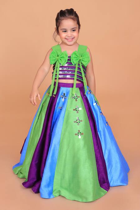 Shop_Turqidz By Shweta Aggarwal_Multi Color Denim, Cotton, Silk Sequins, Bows, Mirrors Embroidered Lehenga Set _Online_at_Aza_Fashions