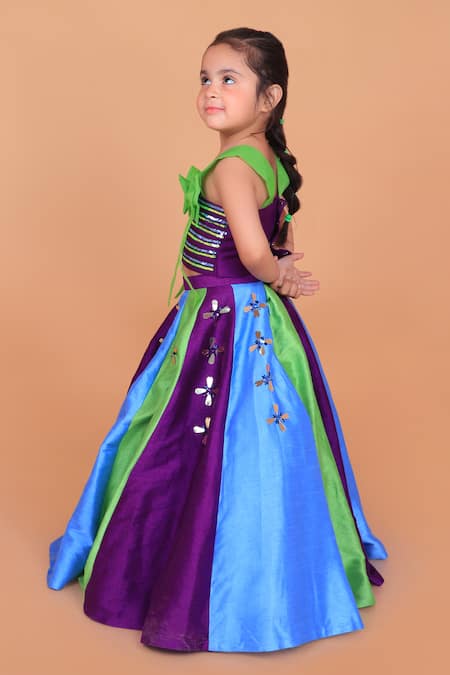 Turqidz By Shweta Aggarwal_Multi Color Denim, Cotton, Silk Sequins, Bows, Mirrors Embroidered Lehenga Set _at_Aza_Fashions